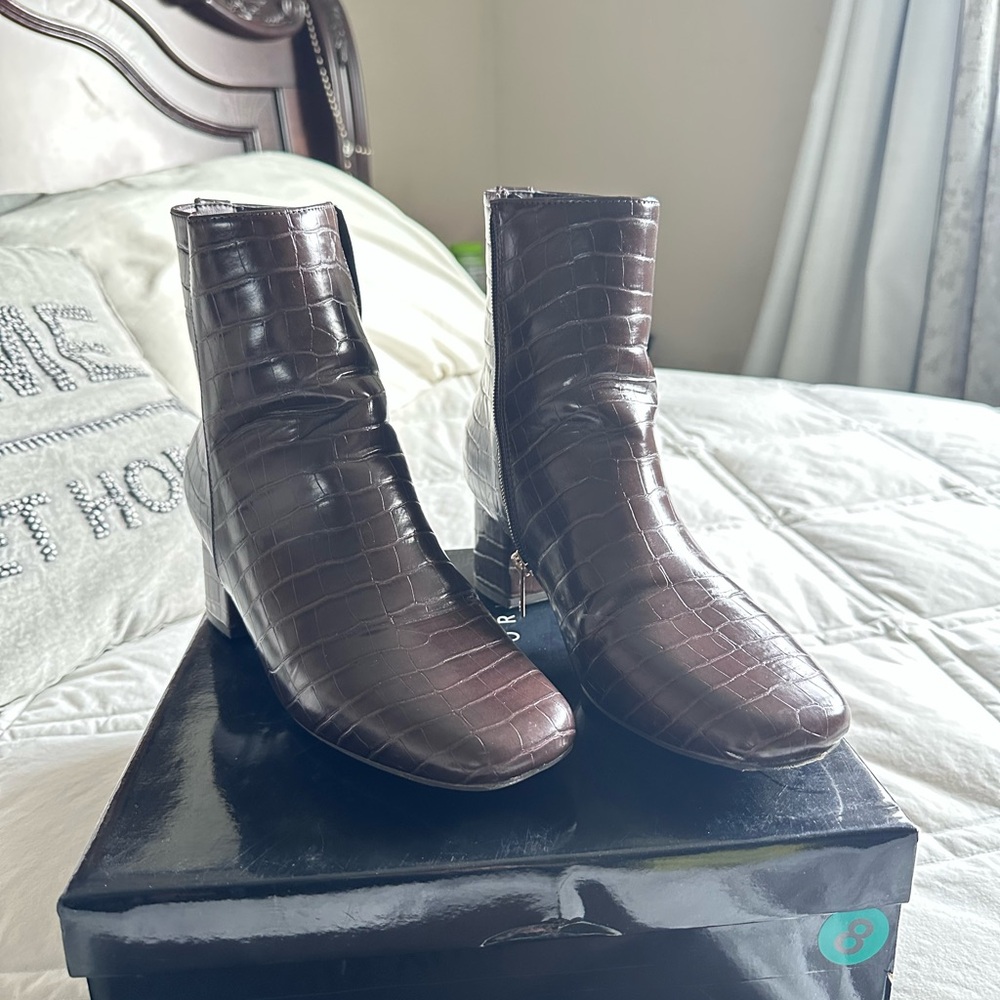 Jones New York Chocolate Croc-Pattern Heeled Boots - Picture 2 of 4